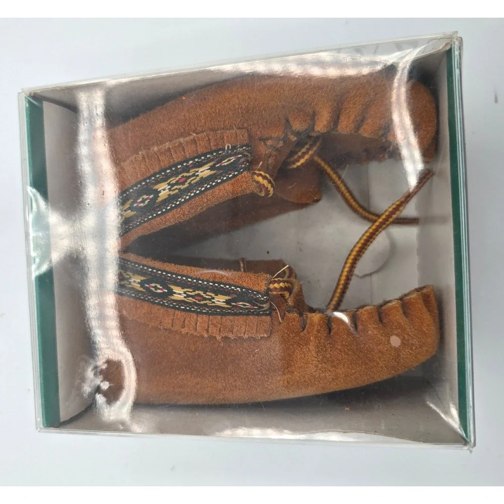 Vintage Animoc Indian Moccasins Baby Suede Booties Size 4 Tan Fringe with Box